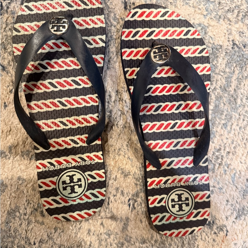 Tory Burch Red and Navy Patterned Sandals